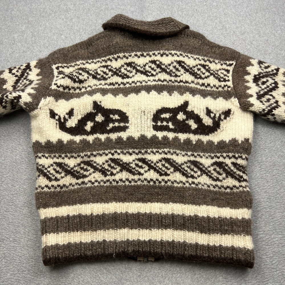 Cowichan Indian Knit Cardigan Mens Large* Brown Whale Hand Knit Wool Zip Sweater - Picture 9 of 11